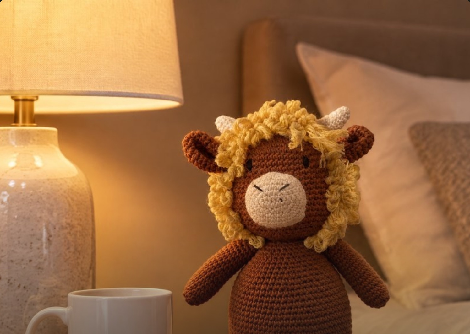 Hamish the Highland Cow on a bedside table in warm lamplight